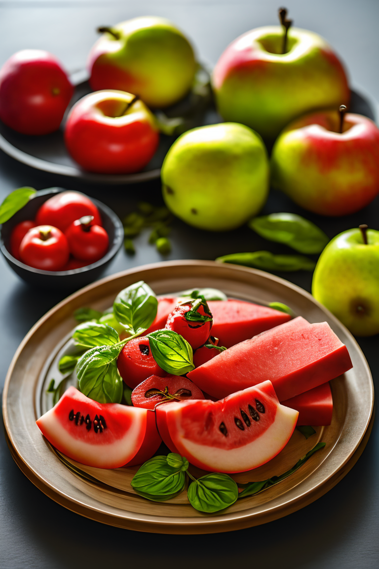 391186-553201827-_lora_meishi_0.9_,no humans,food,food focus,blurry,still life,vegetable,plate,depth of field,leaf,realistic,fruit,tomatoes, pear.png